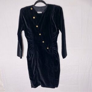Vintage Encore Black Velvet Long Sleeve Bodycon Mini Dress With Shoulder Pads M